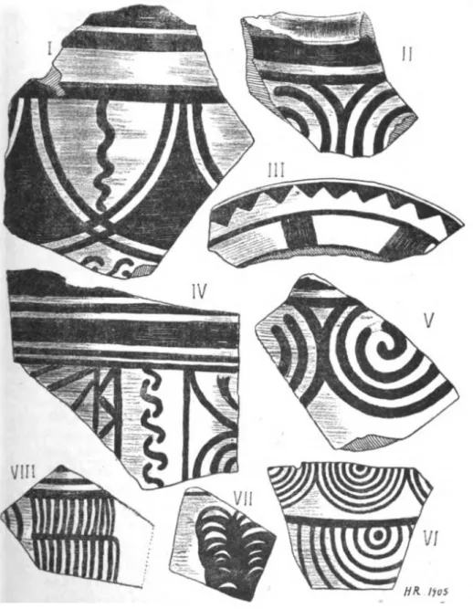 Fig. 4 : Planche de tessons de céramique « mycénienne » par Rouzaud  (Rouzaud ,1905, p.18).