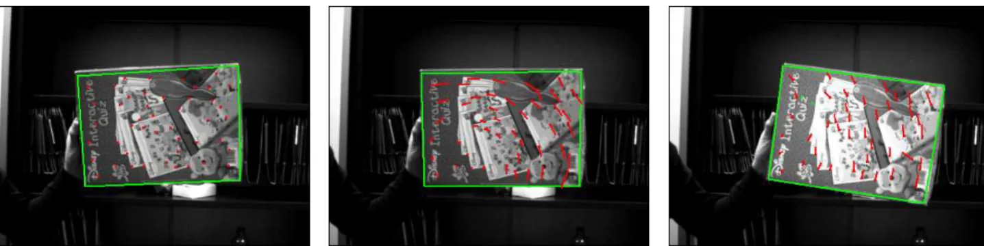 Fig. 7. Tracking using mutual information on the same image sequence, frame 1, 30 and 70