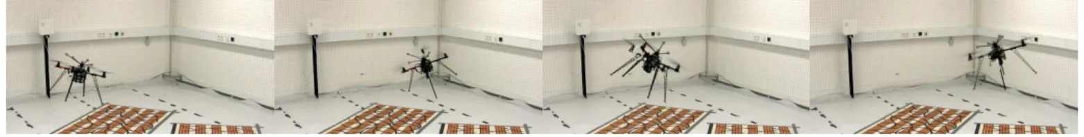 Fig. 5. Snapshots of the quadrotor executing an 8-shaped trajectory 20 40 60 80 100 120−202 tim e[s]rB[m] (a) 20 40 60 80 100 120−1−0.500.5tim e[s]RPY(b) 20 40 60 80 100 120−0.0500.05 tim e [ s ]erB[m] (c) 20 40 60 80 100 120−0.0500.05time[s]eRPY[rad](d)