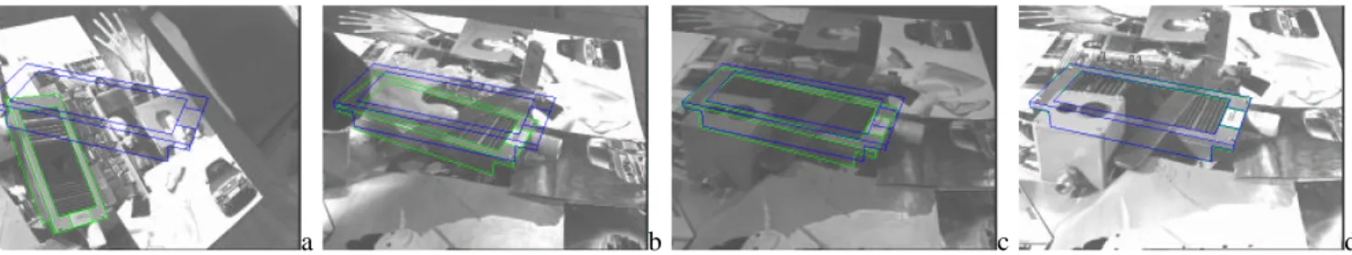 Fig. 3. Tracking in a complex environment for a classical visual servoing experiment: Images are acquired and processed at video rate (25Hz)