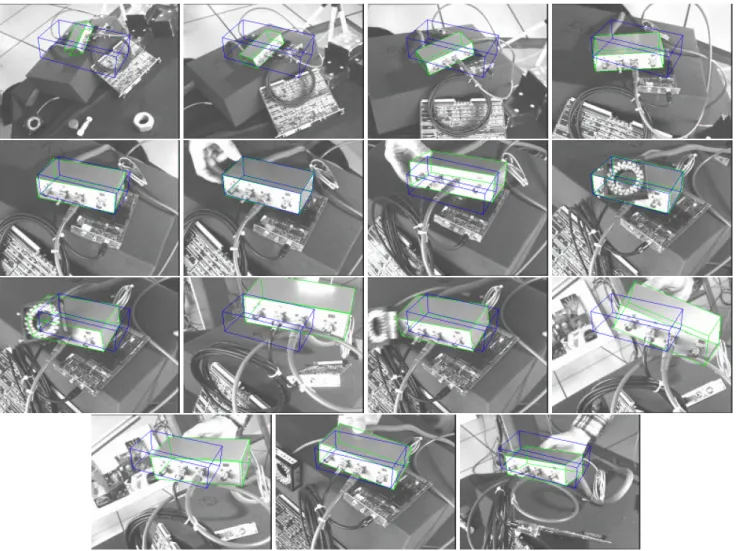 Figure 6: 2D 1/2 visual servoing experiments: on these snapshots the tracked object appears in green and its desired position in the image in blue