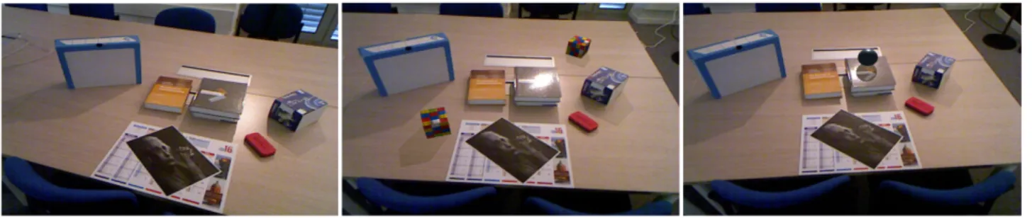 Figure 1: Left: Original captured image of the scene. Center: Augmented scene with two virtual cubes