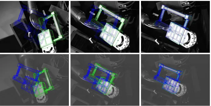 Fig. 5. Snapshots extracted from experimental results (green: forward projected CAD model after pose calculation, blue: user defined desired position)
