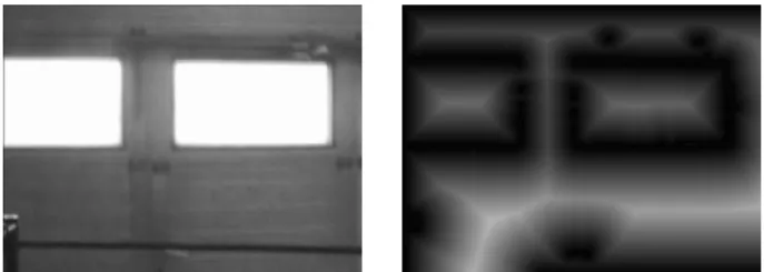 Fig. 6. Window frame (left) and its distance map (right). The darkest values correspond to the smallest distances.