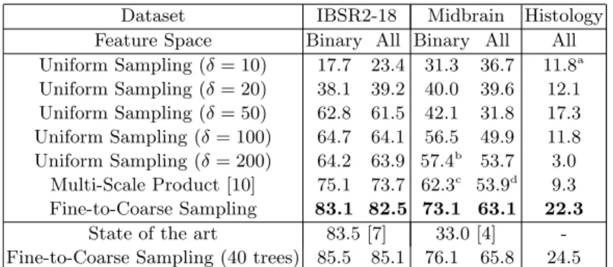 Table 1: Mean Dice scores. To assess the statistical significance of the mean Dice scores, we compared our approach with each baseline by performing a paired sample t-test over the individual Dice scores obtained for each volume (or large slice)