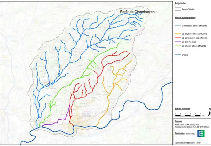 Figure 2 : Forêt de Chambaran et bassins versants associés (GERECO 2015) 