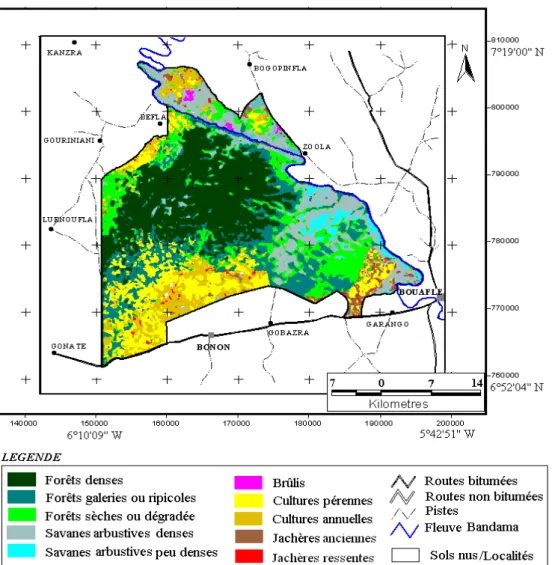 Figure 5. Carte d’occupation du sol du parc National de la Marahoué issue de la classification de l’image Landsat ETM+ de 2003 