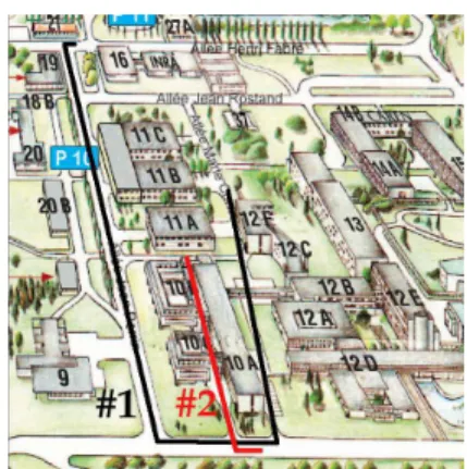 Fig. 4. Map of the university campus with the path for experiment 1 and 2 marked with different colors.