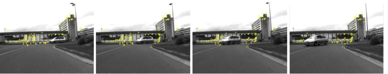 Fig. 6. Sequence from experiment 1 demonstrates robust feature (yellow crosses) tracking resumption after occlusion by a passing car.