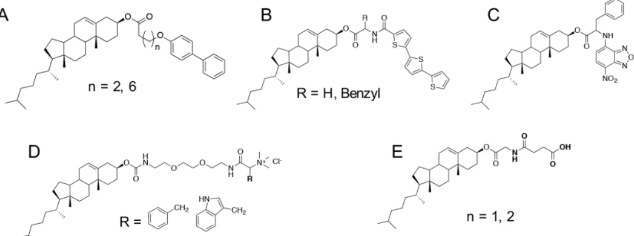 Figure 1.6 The chemical structures of certain molecular organogelators (A, B and C) and  hydrogelators (D and E) derived from cholesterol