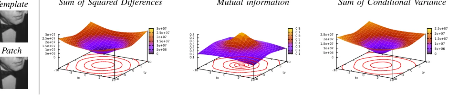 Fig. 1. Cost function in nominal case. Here the displayed current patch is the one resulting of tx = 0 and ty = 0 pixel.
