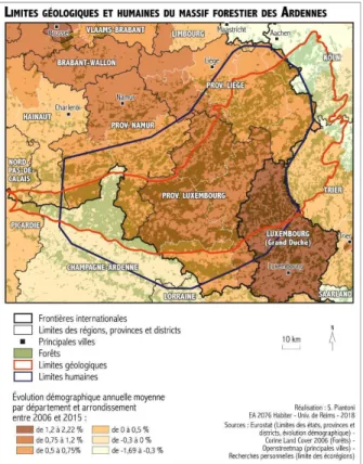 Figure  : Le périmètre géologique et humain des Ardennes et la croissance de la population (2006-2015)