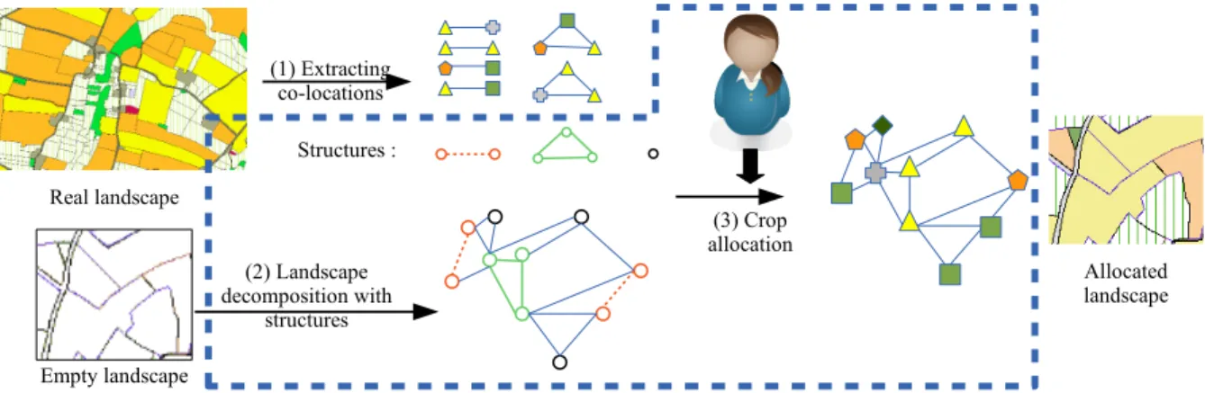 Figure 1: Simulation process of land use in three stages: (1) co-location extraction; (2) an empty landscape is packed with the extracted structures; (3) the crops are allocated with respect to expert constraints.