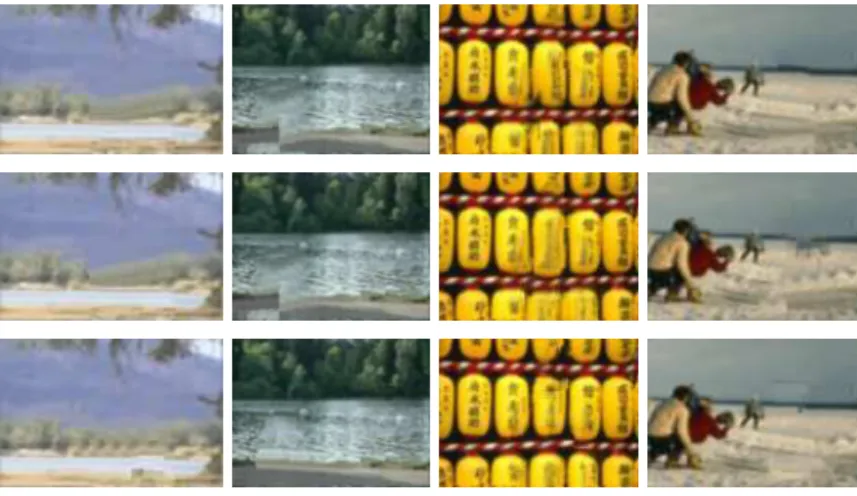 Fig. 2. Inpainting of LR pictures with different gradient-based priority [4] (first row), tensor-based priority [9] (second row) and sparsity-based priority [17] (third row).
