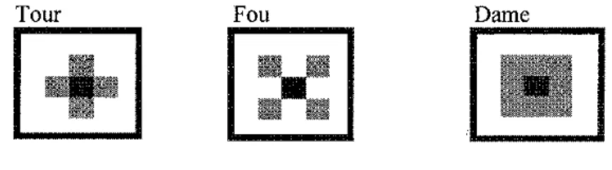 Figure 2.1. Types de contiguïté conventionnels Ainsi, on trouve la Tour, le Fou et la Dame.