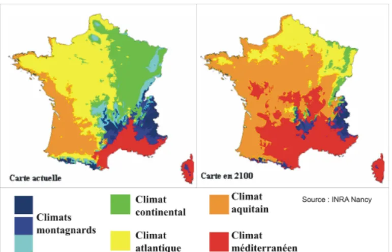 Figure 8 : Les prévisions de changements de zones agroclimatiques selon l’Institut Nationale  de la Recherche Agronomique (INRA) 2010-2100