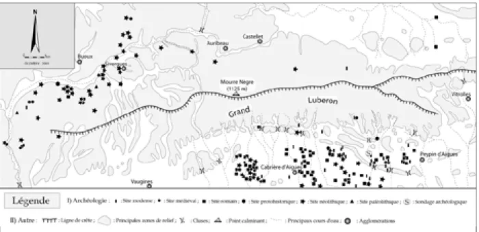 Fig. 1 : c a rte de localisation non exhaustive des sites a rc h é o l ogiques, état des lieux en 2001 (Projet collectif de re c h e rche « 10 000 ans de présence humaine sur le piémont méridional du Grand Luberon), (dessin V