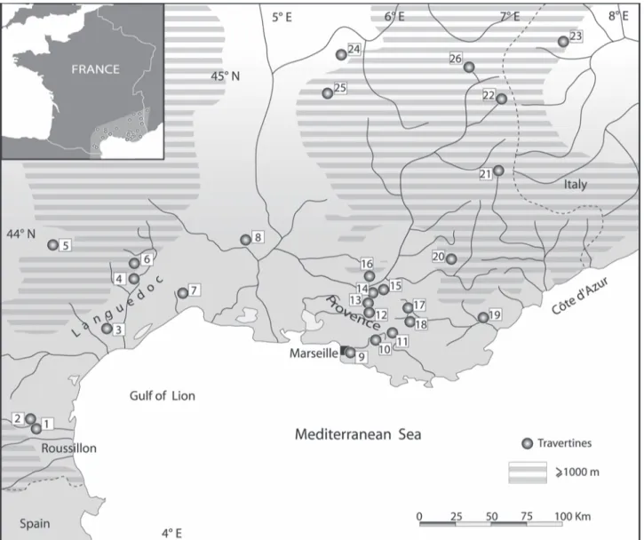 Fig. 1 : Localisation de quelques formations travertineuses postglaciaires emblématiques du sud de la France.