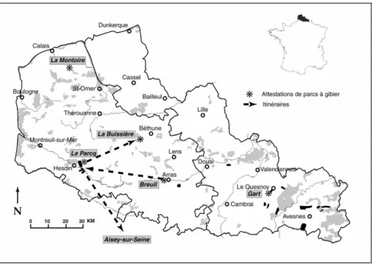 Fig. 1. Répartition des parcs (XIe-XVe siècles) et déplacements de cervidés au XIVe siècle dans  le Nord de la France
