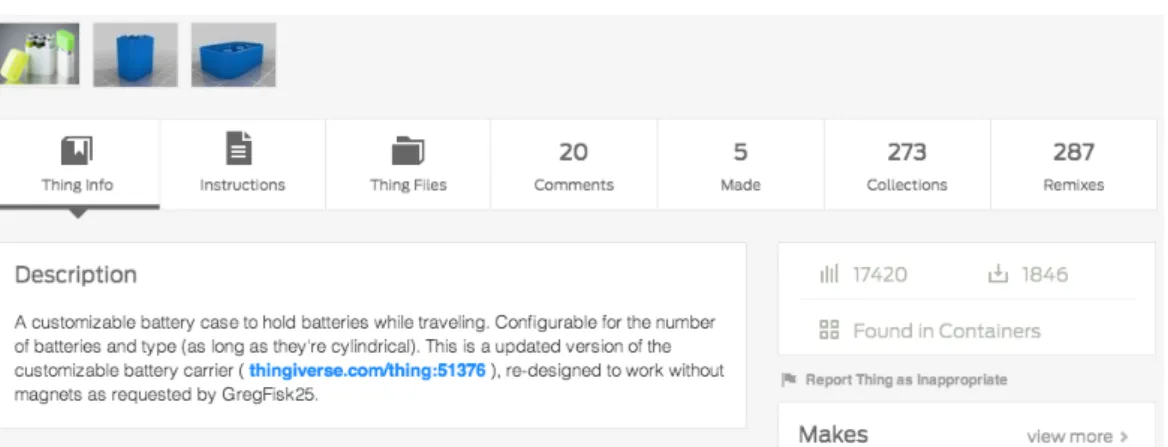 Figure 1: Excerpt of the Web Thingiverse interface exposing a Thing [16]