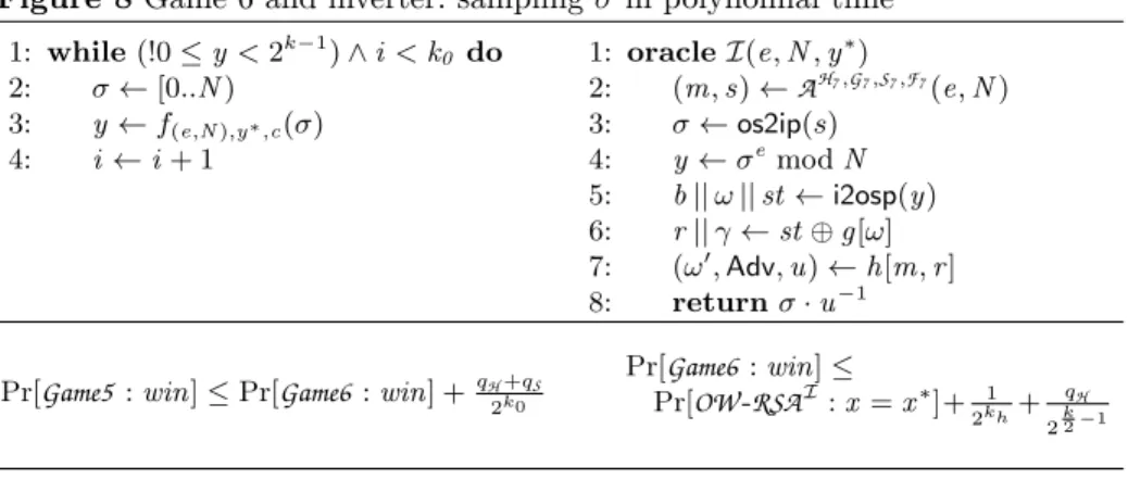 Figure 8 Game 6 and inverter: sampling σ in polynomial time 1: while (!0 ≤ y < 2 k−1 ) ∧ i < k 0 do 2: σ ← [0..N ) 3: y ← f (e,N),y ∗ ,c (σ) 4: i ← i + 1 1: oracle I(e, N , y ∗ )2:(m,s)←AH7,G7 ,S 7 ,F 7 (e , N )3:σ←os2ip(s)4:y←σemodN 5: b || ω || st 