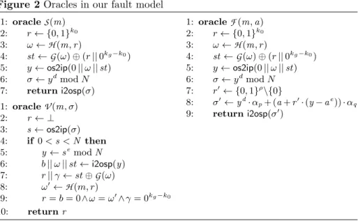 Figure 2 Oracles in our fault model 1: oracle S (m ) 2: r ← {0, 1} k 0 3: ω ← H (m , r) 4: st ← G (ω) ⊕ (r || 0 k g −k 0 ) 5: y ← os2ip(0 || ω || st) 6: σ ← y d mod N 7: return i2osp(σ) 1: oracle V (m, σ) 2: r ← ⊥ 3: s ← os2ip(σ) 4: if 0 < s < N then