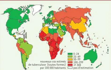 Figure 1.  Estimation des cas de tuberculose  recensés par l’Organisation mondiale de la  santé (OMS) en 2007.