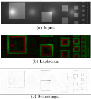 Fig. 4. Contour characterization by morphological operators; 4(b) is the morphological Laplacian ∆ B = δ B +ε B −2id; 4(c) depicts on ∆ B = 0 the gradient values ∇ B = δ B −ε B