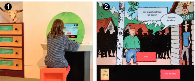 Figure 2.    Le jeu Proies et Prédateurs dans l’espace Animaux s’inspire de la situation  scolaire écran-livre, table, chaise