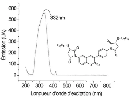 Figure 25: Détermination de la longueur d’onde d’excitation d’une solution de 6-(3- 6-(3-éthanesulfanyl-pynolidine-2,5 -dione)-3 - [4-(3 -éthanesulfanyl-pyrrolidine-2,5 dione) phényl]-coumarine (7) dans le DMF 100% (1xl04 mol/L) par l’observation de l’émis