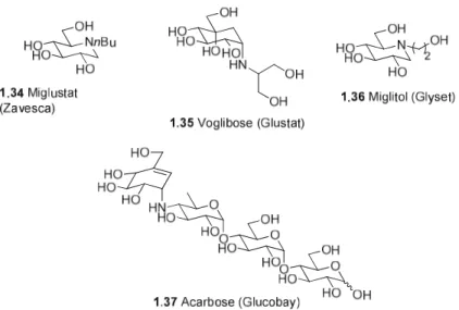 Figure  1.8.  Médicaments  à  base  de  glucides  ou  dérivés  de  glucides  disponibles  commercialement: miglustat (1.34), voglibose (1.35), miglitol (1.36) et acarbose (1.37) 