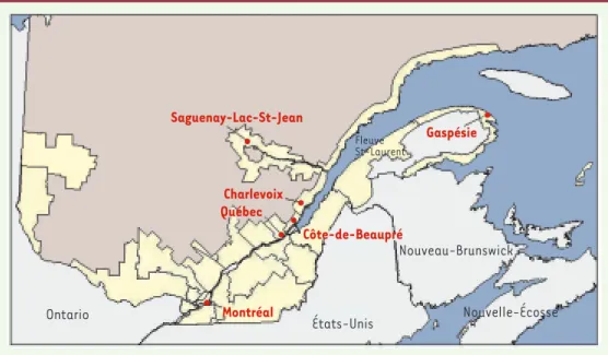 Figure 1. Représentation des principales zones d’occupation du territoire québécois (en jaune) et localisation des  régions étudiées