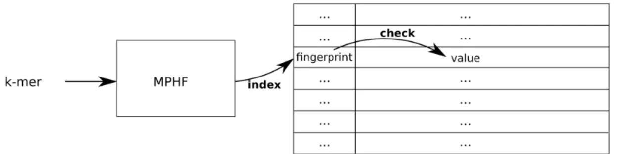 Figure 1. Quasi dictionary structure composed of a MPHF and a table of fingerprints. The finger- finger-prints are obtained by hashing the corresponding k-mers