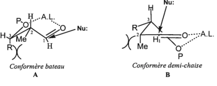 Figure 3: Conformères possibles lors de la formation d’un chélate avec l’aldéhyde 2,3-syit-3,4-anti en présence d’acide de Lewis.