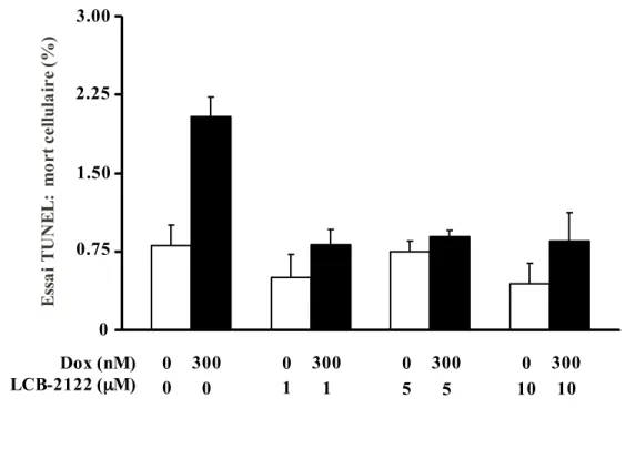 Figure 12.   Mort  cellulaire  observée  in  vitro  chez  des  cardiomyocytes  traités  avec  la  doxorubicine en fonction de la dose de LCB-2122  