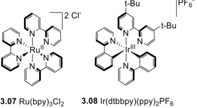 Figure 8 : Structure de deux catalyseurs communément utilisés en catalyse photorédox  Ces catalyseurs absorbent la lumière visible, ce qui initie un transfert de charge du métal  vers le ligand (MLCT,  Metal to Ligand Charge Transfer) pour donner un état s