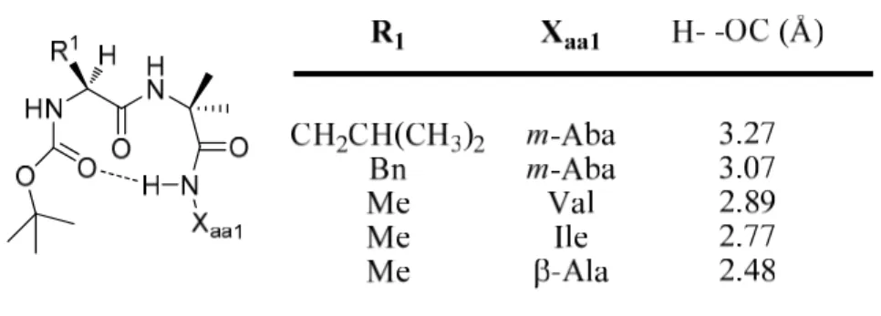 Figure 1.12. Repliements  β  contenant un Aib en position i + 3 et distance du pont  hydrogène intramoléculaire (en Å)