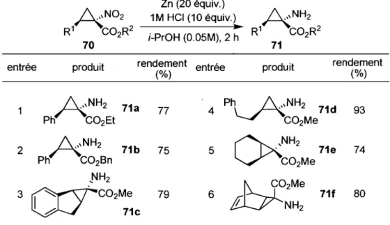 Tableau  5.  Réduction  des  dérivés  cyclopropaniques  I-nitrocarboxylates  en  1- 1-aminocarboxylates  entrée  produit  Zn  (20 équiv.)  1M HCI  (10 équiv.) i-PrOH (0.05M), 2  • h rendement  entrée  (%)  produit  rendement (%)  A N H2  71a  77  4  Ph~NH2