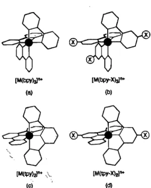 Figure 1.5.  Représentation  schématique  (a)  d'un  des  deux  isomères  chiraux  du  complexe  [M(bpY)3t+  (b)  de  l'isomère  géométrique  mer  du  complexe  [M(bpy-X)3t+  (c)  du  complexe  achiral  [M(tpY)2]D+ (d) de l'unique forme  du complexe [M(tpy