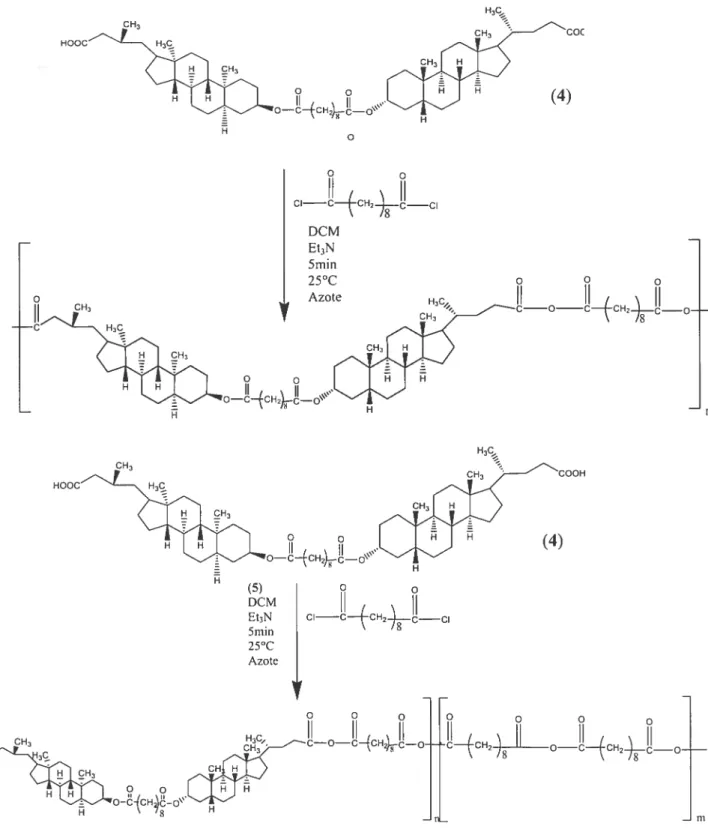 Figure 2-3. Polycondensation en solution du dirnère de l’acide lithocholique (4), obtention d’un polymère alterné ou statistique.