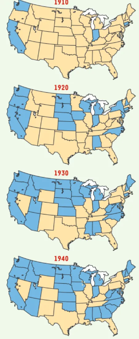 Figure  1. Dates  de  promulgation  des  lois  de stérilisation  dans  différents  États  (en  bleu) (États-Unis) (d’après [1]).