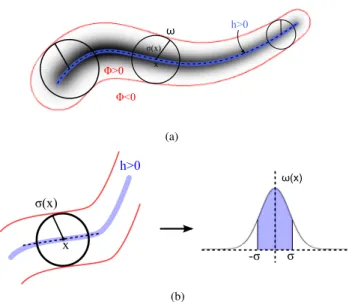 Fig. 1: Implicit representation of a tubular structure in 2D. (a) The foreground, within the red curve, is modeled as the convolution of a blue thin area (h > 0) localizing the vessel centerline, with local kernels ω of radius σ