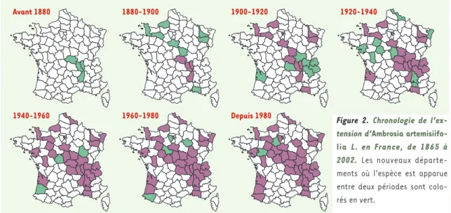 Figure  2.  Chronologie  de  l’ex- l’ex-tension d’Ambrosia  artemisiifo-lia  L. en  France,  de  1865  à 2002