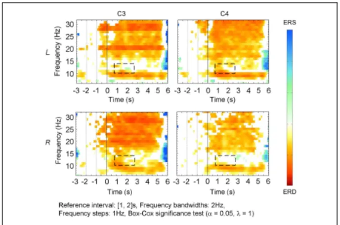 Fig. 1. Time−frequency maps displaying significant ERD (red) and ERS (blue) for Subject 6 (a typical example) in BCI competition IV IIb.