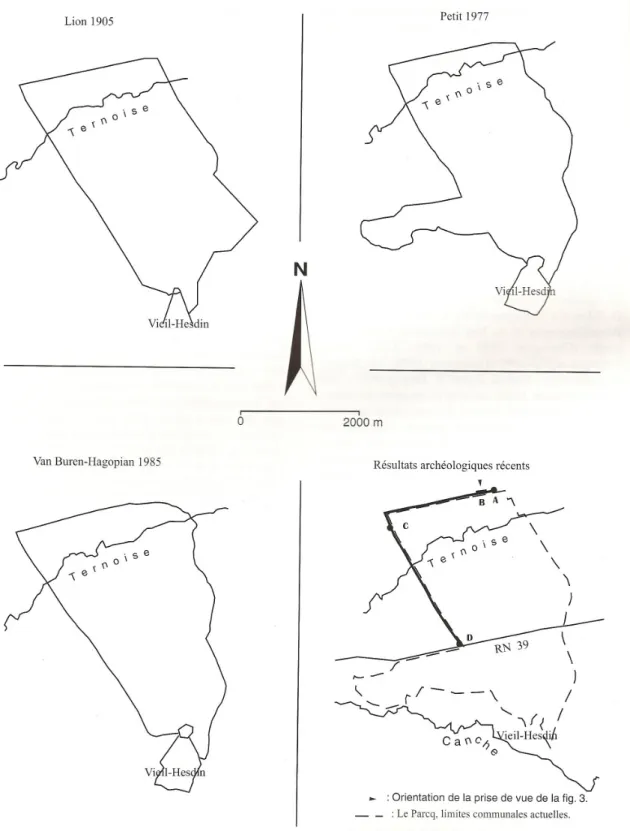 Fig. 2. Les différentes hypothèses du tracé de la muraille du parc du château d’Hesdin