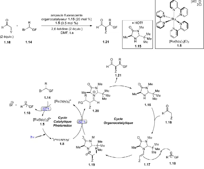 Figure 1-10: Réaction proposée par MacMillan pour l’alkylation asymétrique des aldéhydes et  le mécanisme associé 