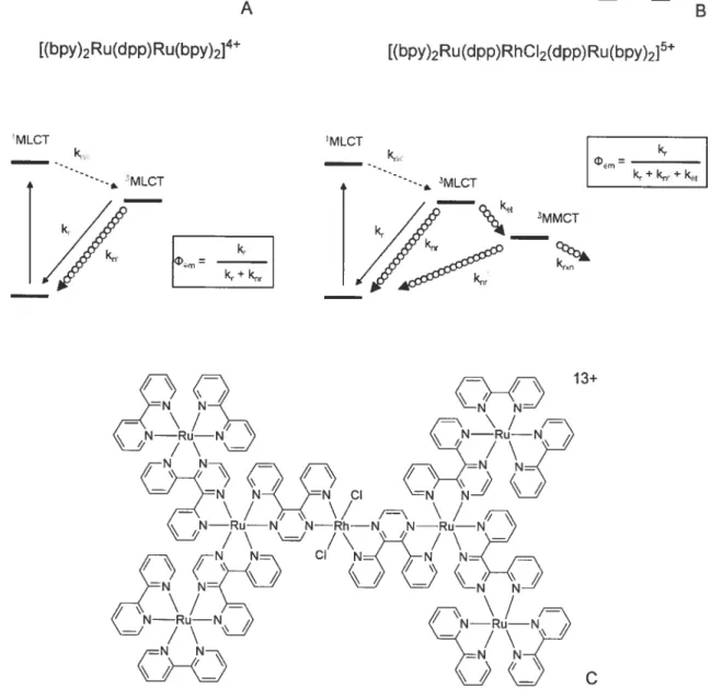 Figure 1.13. Branched photo-active assemblies assembled about a Rh(III) center, illustrating the governing processes subsequent to photo-excitation.