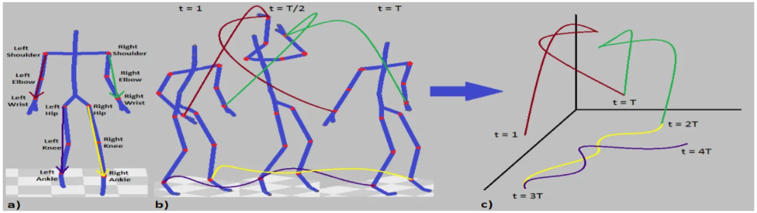 Fig. 1. (a) Selected joints with the associated normalized vectors (collored arrows) and (b) illustration of the four morphology-independent trajectories and (c) the 3D multistroke pattern resulting from the trajectories assembling.