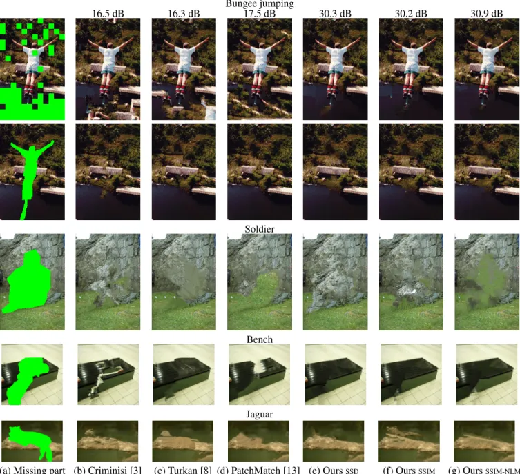 Fig. 2. Comparison of inpainted images obtained with our proposals, (e)-(g), and popular algorithms from literature