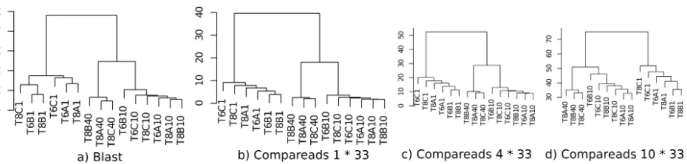 Figure 4: Representation of hierarchical clustering based on pairwise intersections between all samples using Blast (a) and Compareads (b, c, d).